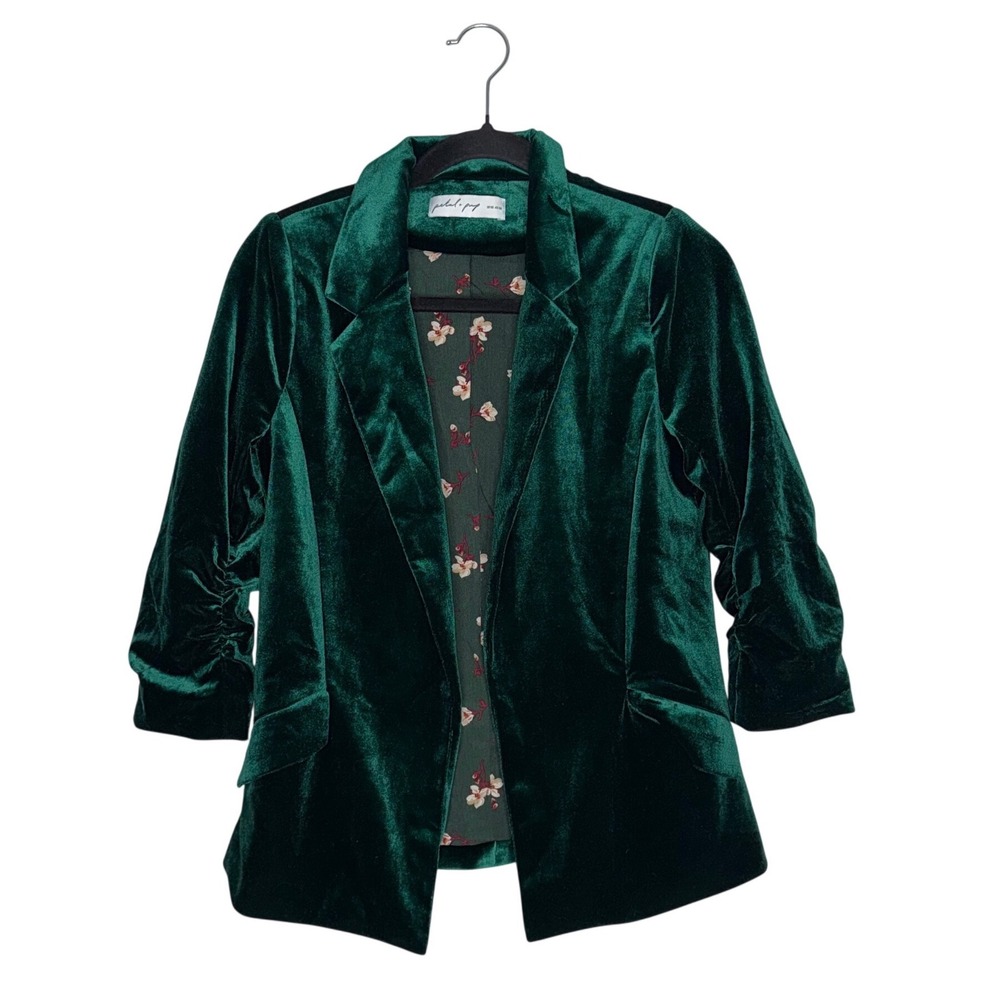 Petal + Pup Velvet Blazer Womens XS Green Excellent Ruched Sleeve Floral Lining
